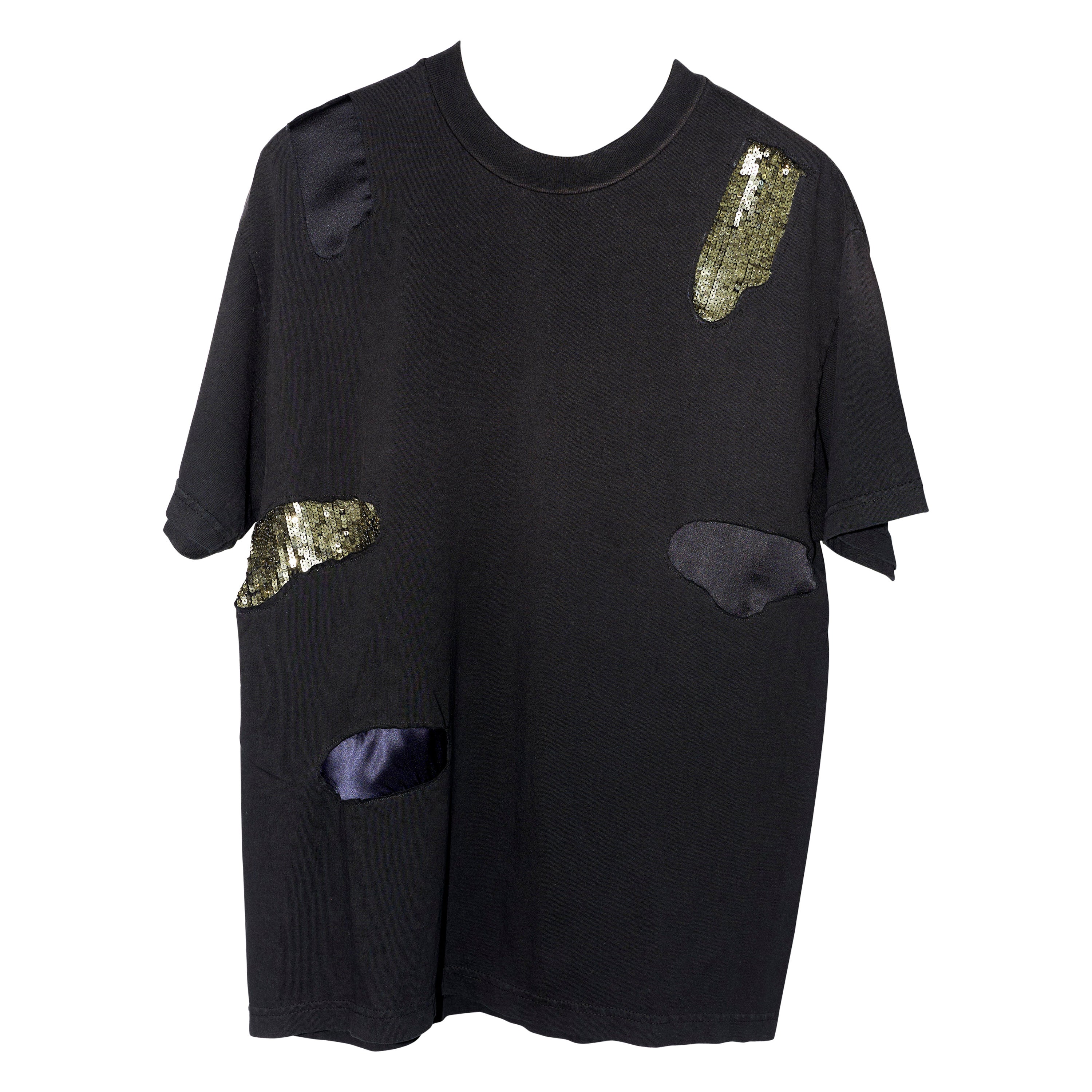 J Dauphin Black T-Shirt Embellished  Patch Work Sequin Silk Body Cotton 