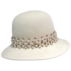 Vintage 1970s Yves Saint Laurent Hat with Pearl and Stud Trim 