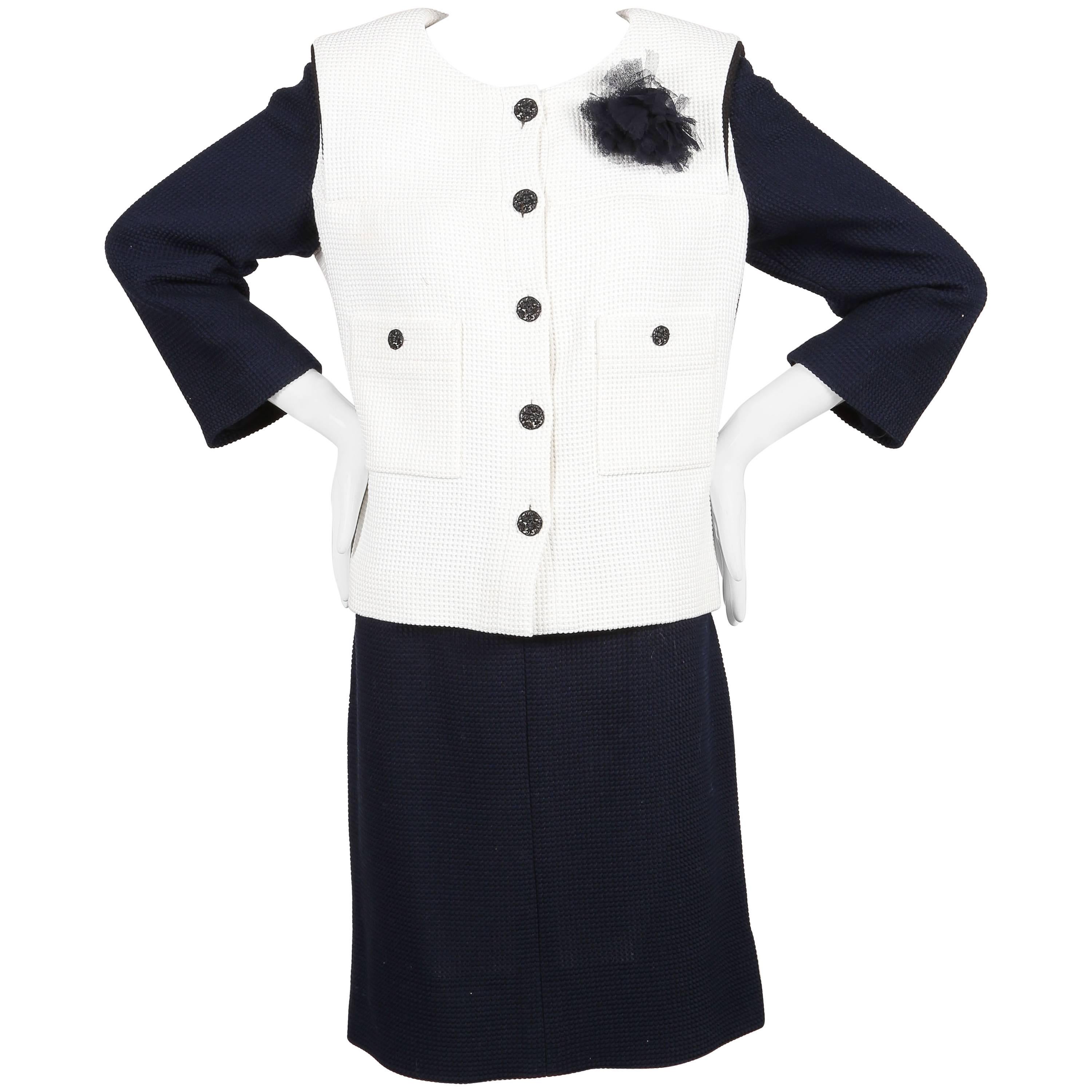 Chanel Navy Cream Woven Colorblock Crop Sleeve Jacket Pencil Skirt Suit SZ 46/42 For Sale