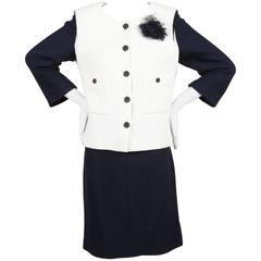 Chanel Navy Cream Woven Colorblock Crop Sleeve Jacket Pencil Skirt Suit SZ 46/42