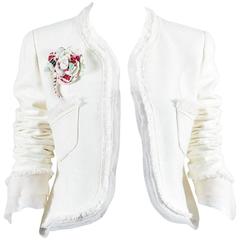 Chanel White Tweed Chiffon Flower Pin High Low "04C" Lady Jacket SZ 40