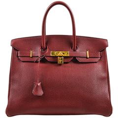 Hermes Dark Red "Rouge" Clemence Leather Flap "Birkin" Tote Bag SZ 35 cm