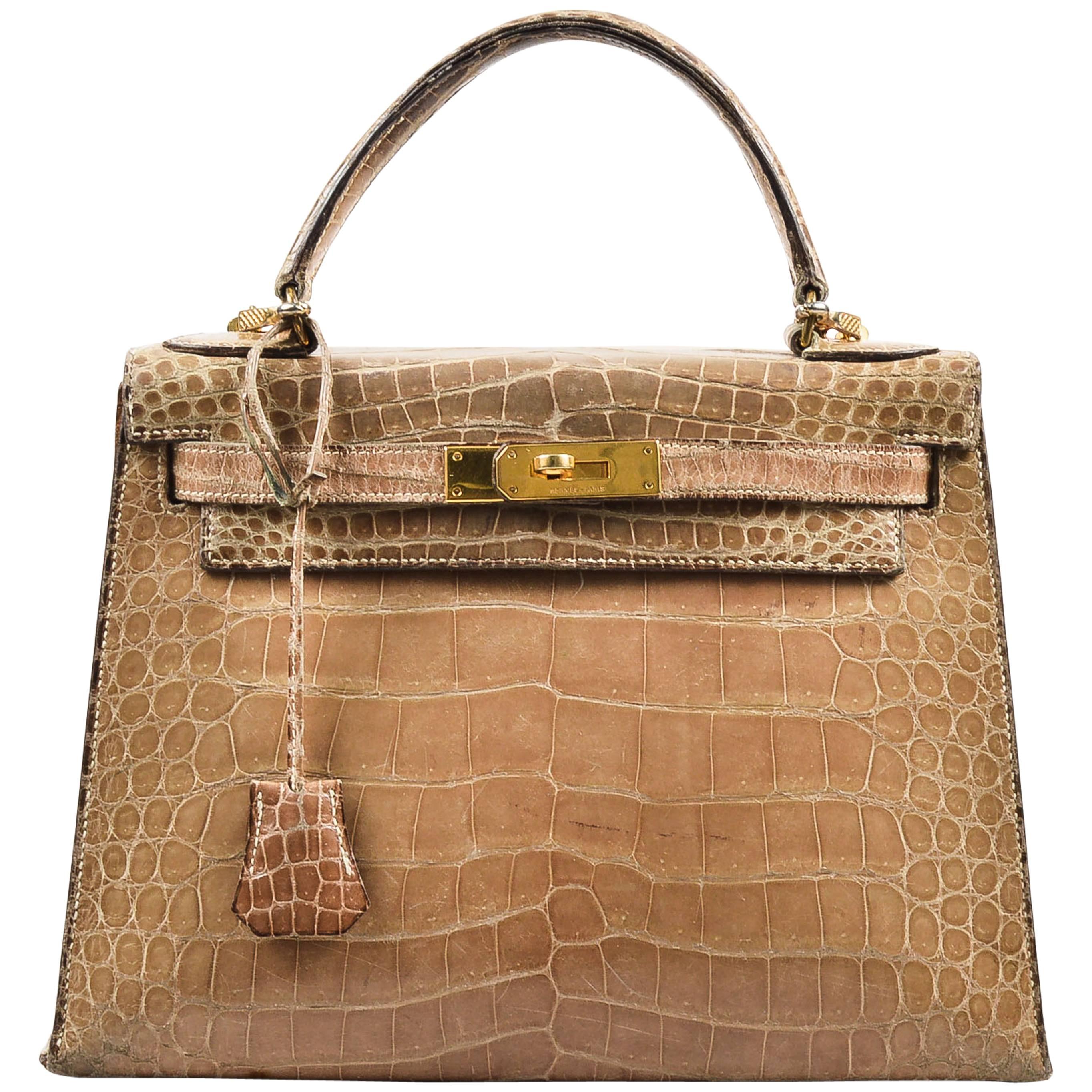 Vintage Hermes Taupe Crocodile Leather Gold Hardware "Kelly 28" Handbag For Sale