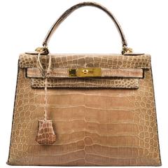 Vintage Hermes Taupe Crocodile Leather Gold Hardware "Kelly 28" Handbag