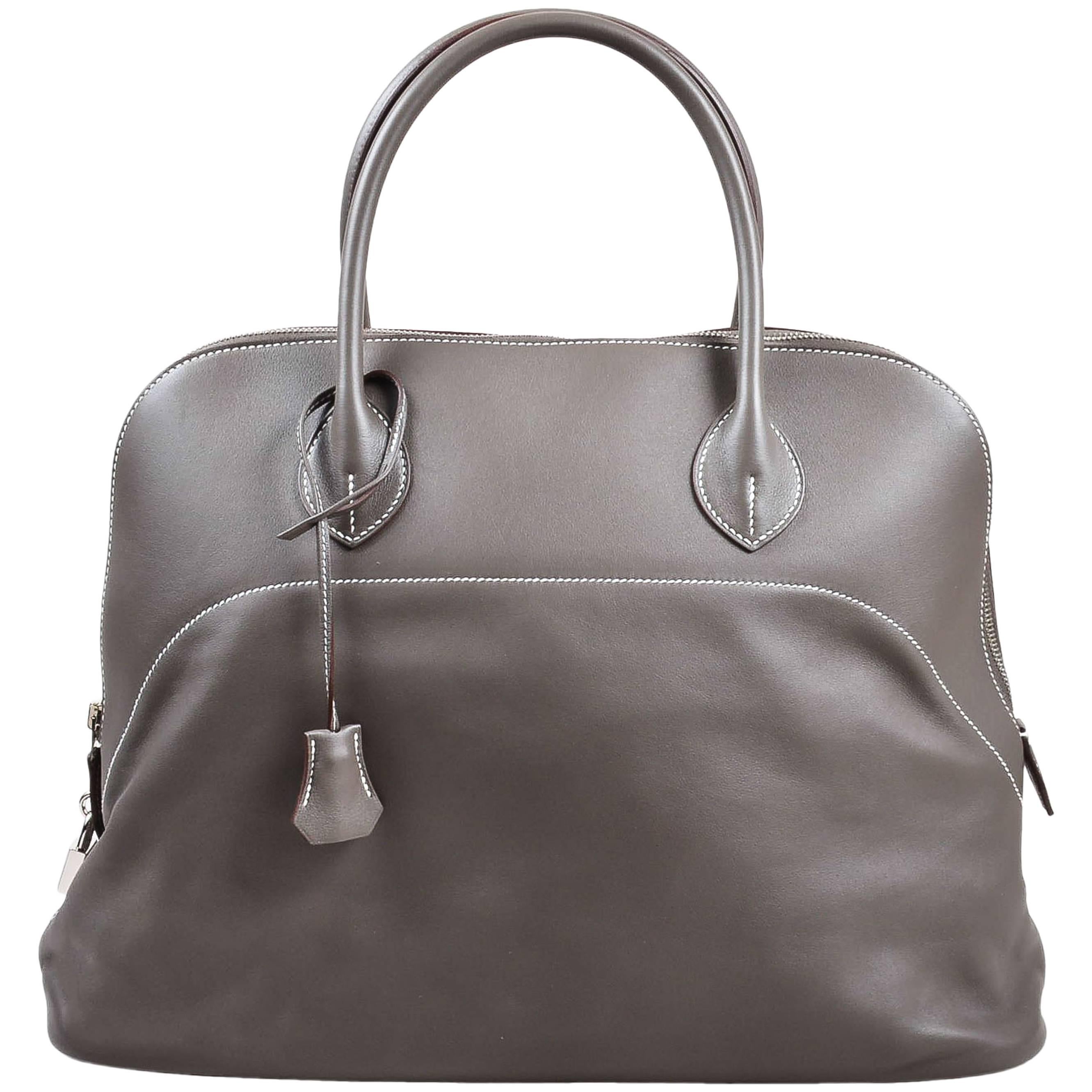 Hermes 'Vert de Gris' Gray Barenia Leather "Relax Bolide" 40cm Tote Bag For Sale