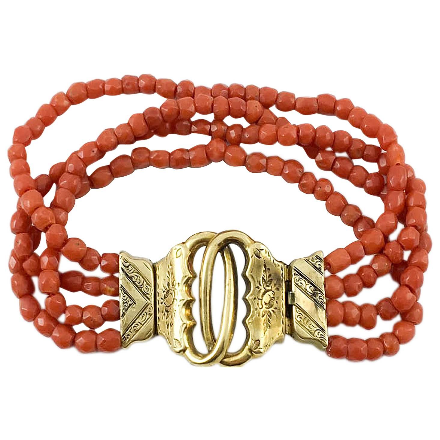 Antique Multi-Strand Coral and Gold Bracelet - Mid 19th Century