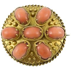 Antique Coral and Gold Brooch - 1840s