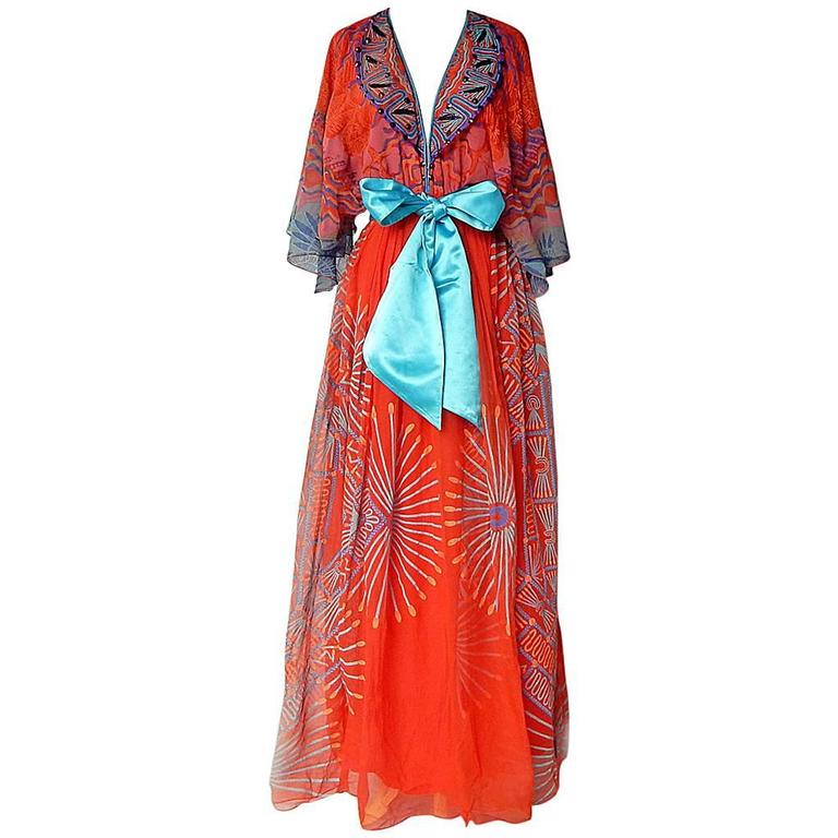 1978 Zandra Rhodes Mexican Collection Maxi Dress With Belt For 1978 Zandra Rhodes Mexican Collection Maxi Dress With Belt For