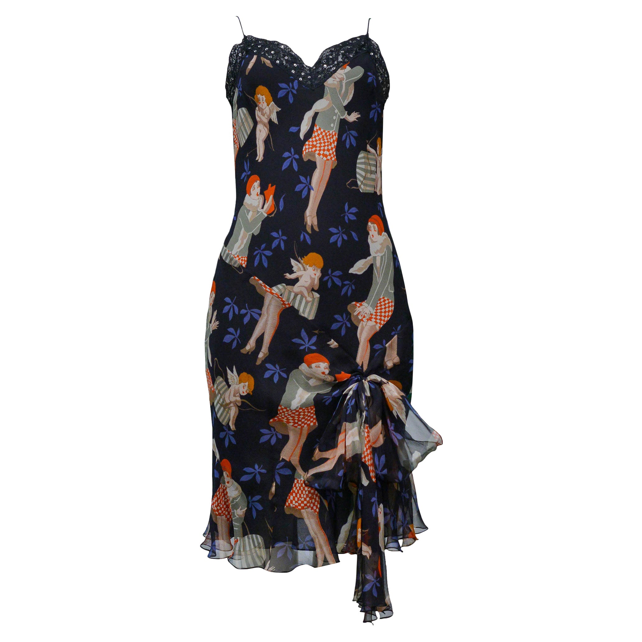 John Galliano Black Slip Dress With 1920s Girl Pattern 