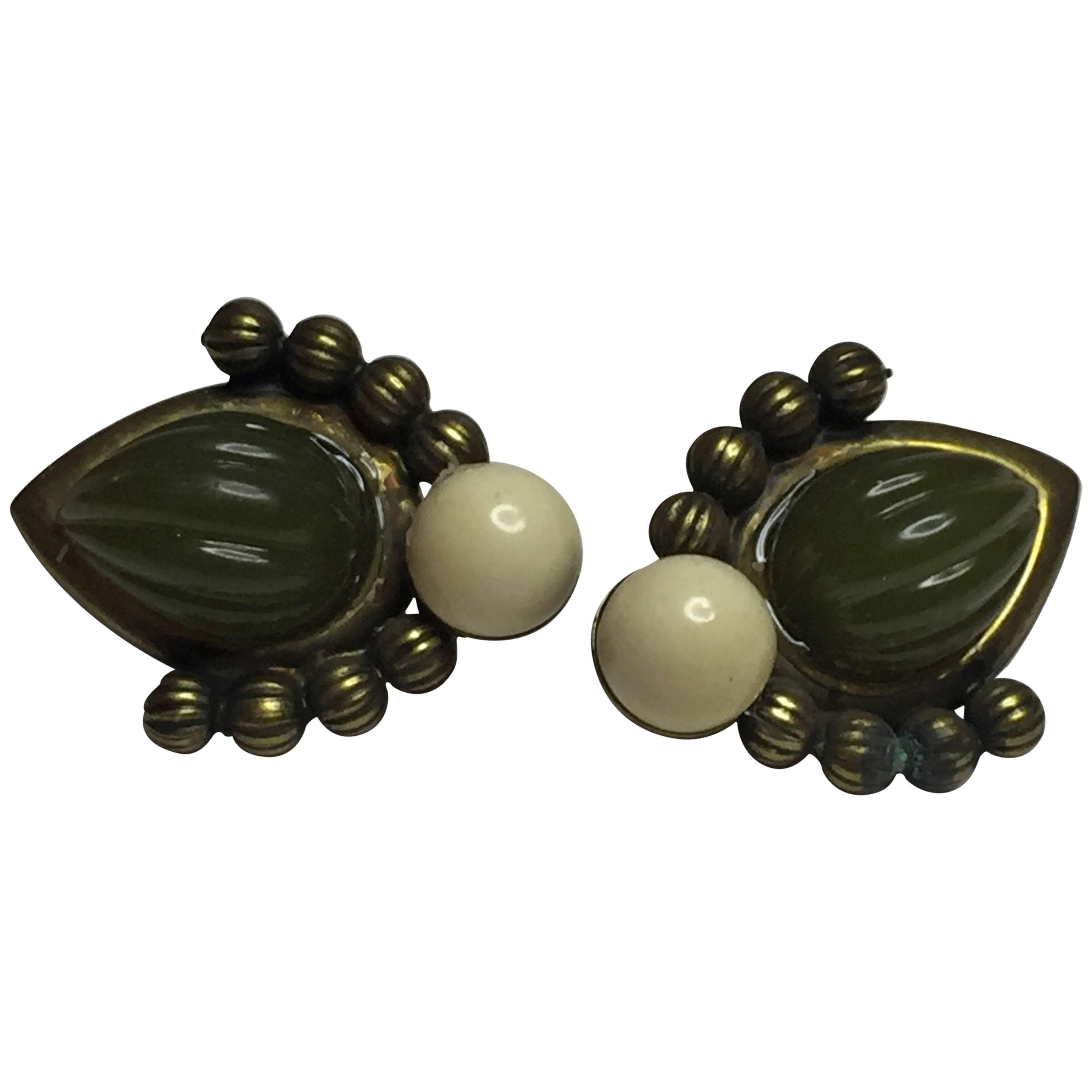 21st Century Larry VRBA Resin and Bead  Antiqued Gold Clip Earring For Sale