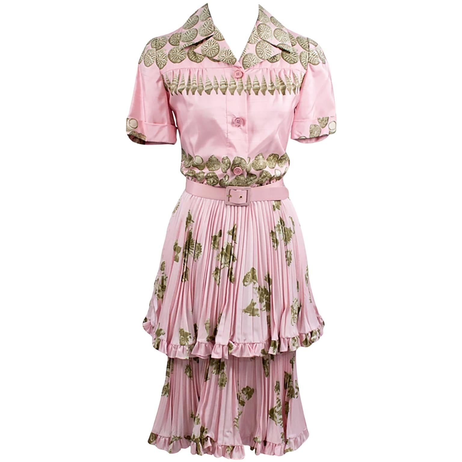 1970s Valentino Boutique Vintage Pink Silk Dress With Seashells I Magnin Size 4