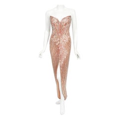 Vintage 1970's Bob Mackie Couture Pink Beaded Strapless Hourglass High-Slit Gown