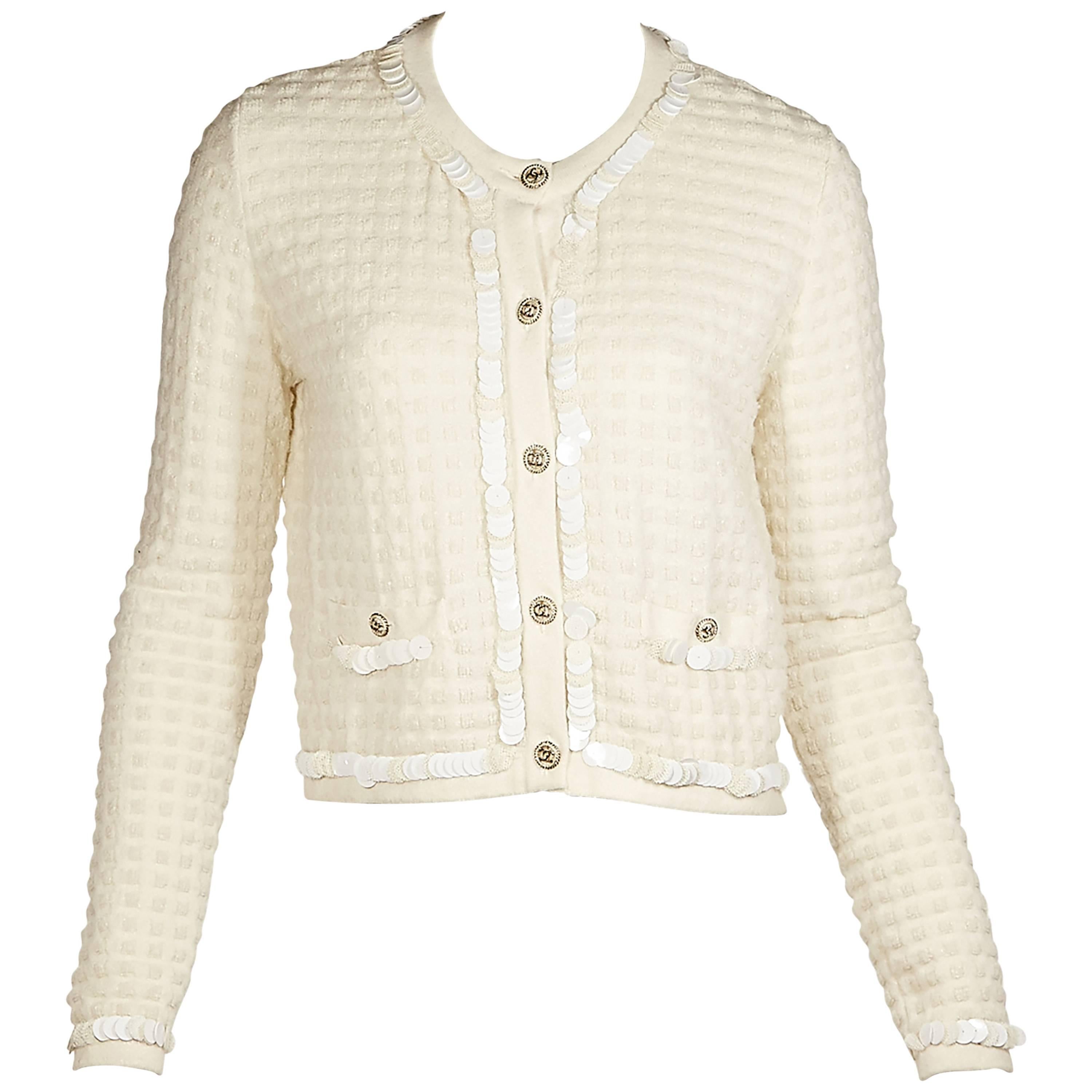Ivory Chanel Embellished Cashmere & Wool Cardigan