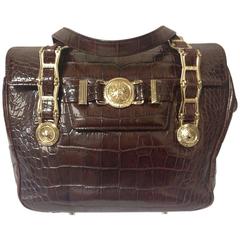 Vintage Gianni Versace brown croc-embossed leather tote bag with golden sunburst