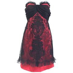 1990 Vintage Christian Lacroix red and black chantily lace strapless cocktail dr 6