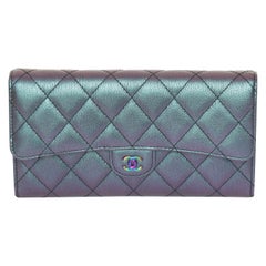 CHANEL Purple Iridescent Quilted Leather Wallet Iridescent Rainbow CC HW 16C NIB