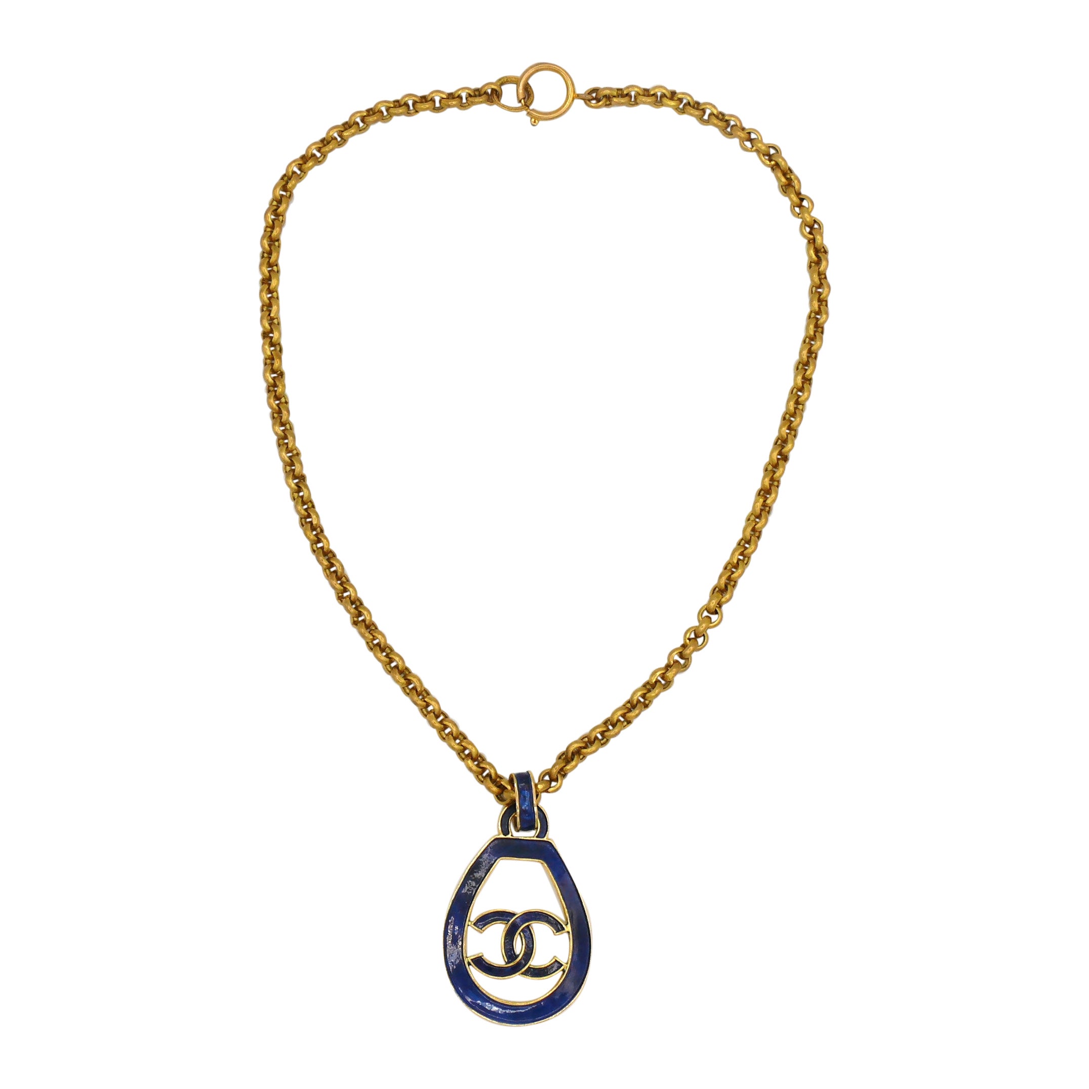 Chanel Vintage Gold Toned Blue Logo Pendant Necklace, 1993 For Sale