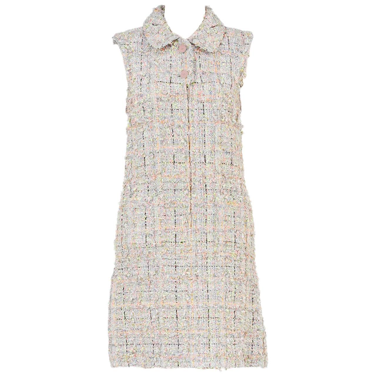 Chanel Gray Multicolor Sleeveless Tweed Knit Zipper Dress 14S (Size 36) For Sale