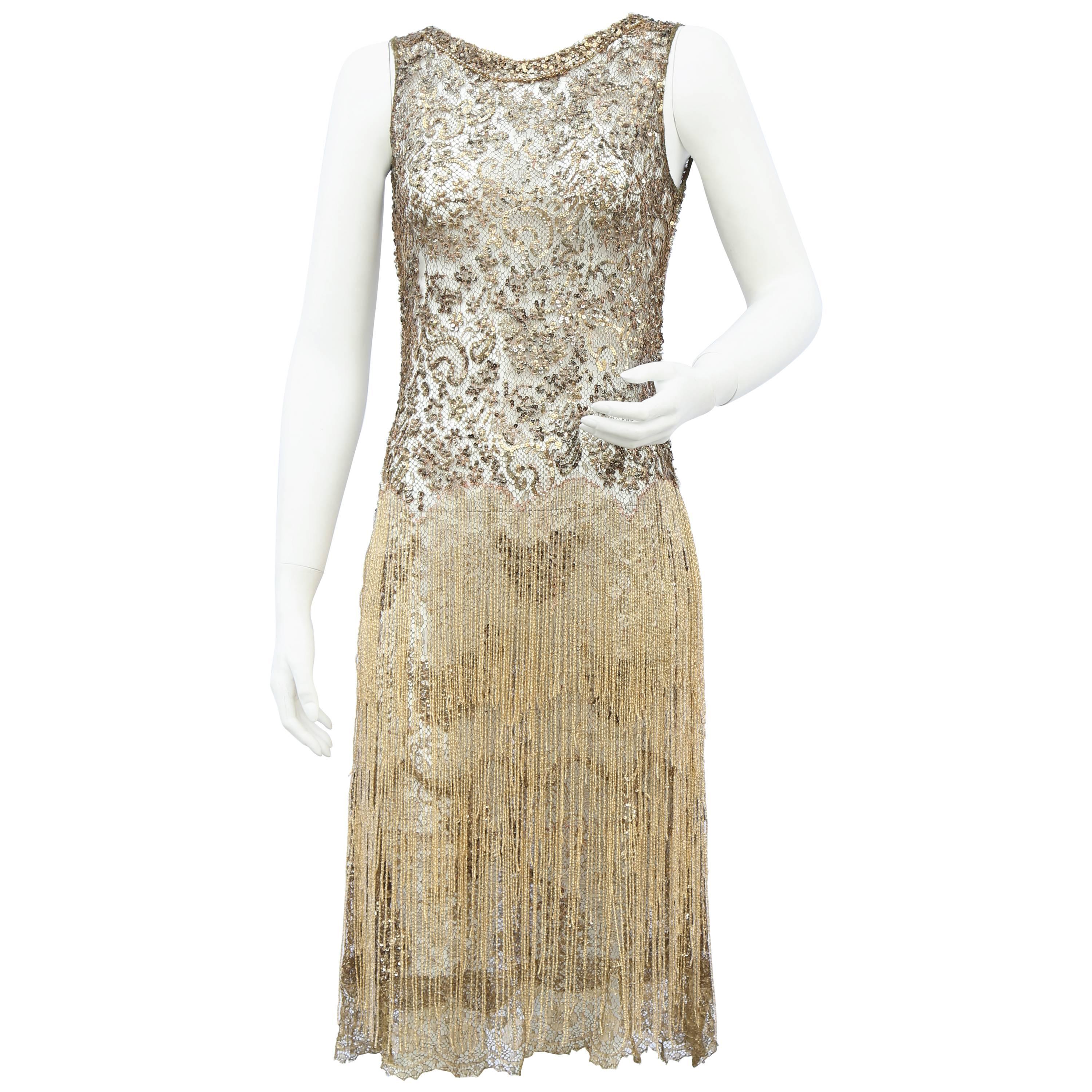 1920s gold lace and beaded sequin flapper dress