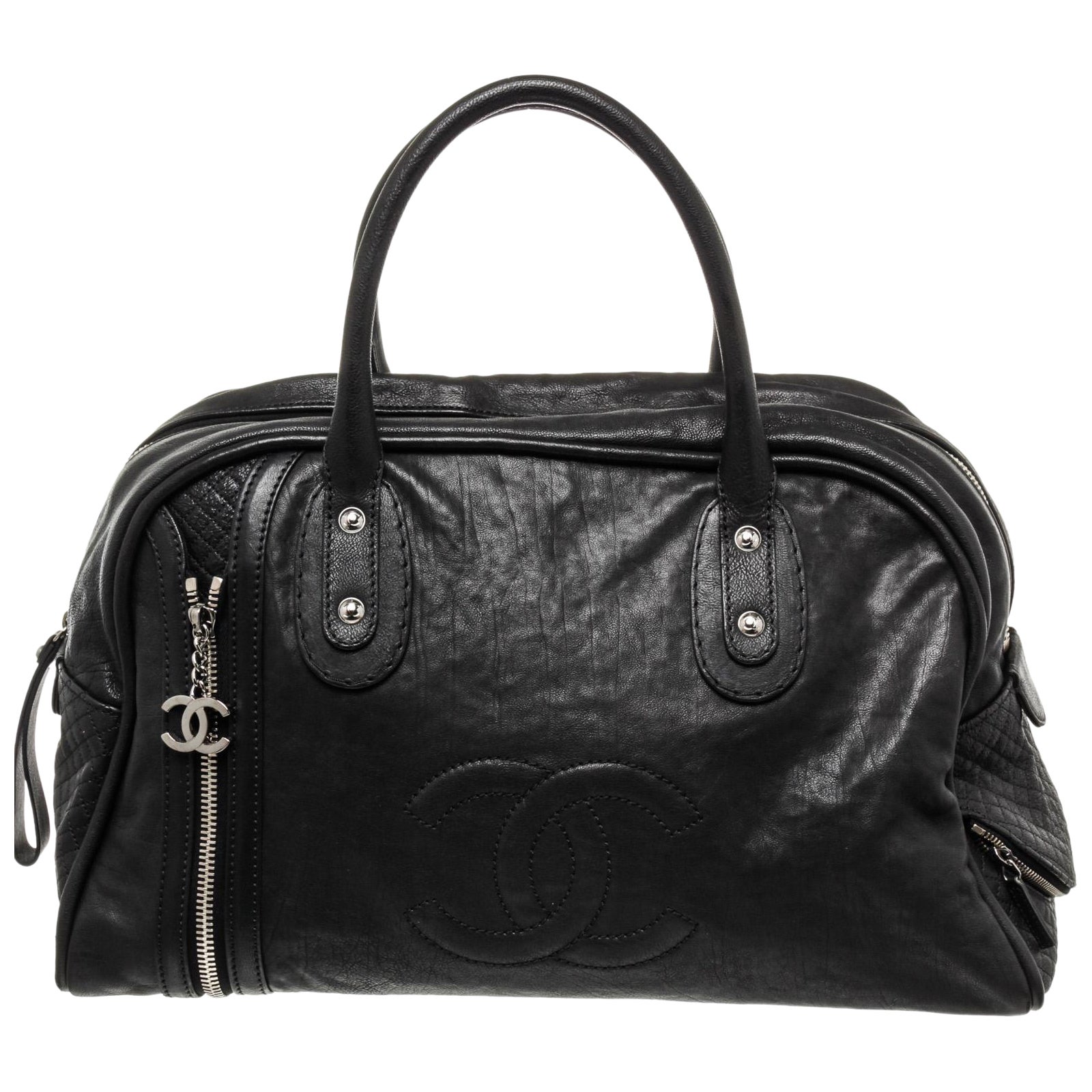 Chanel Black Leather Large CC Boston Bag at 1stDibs