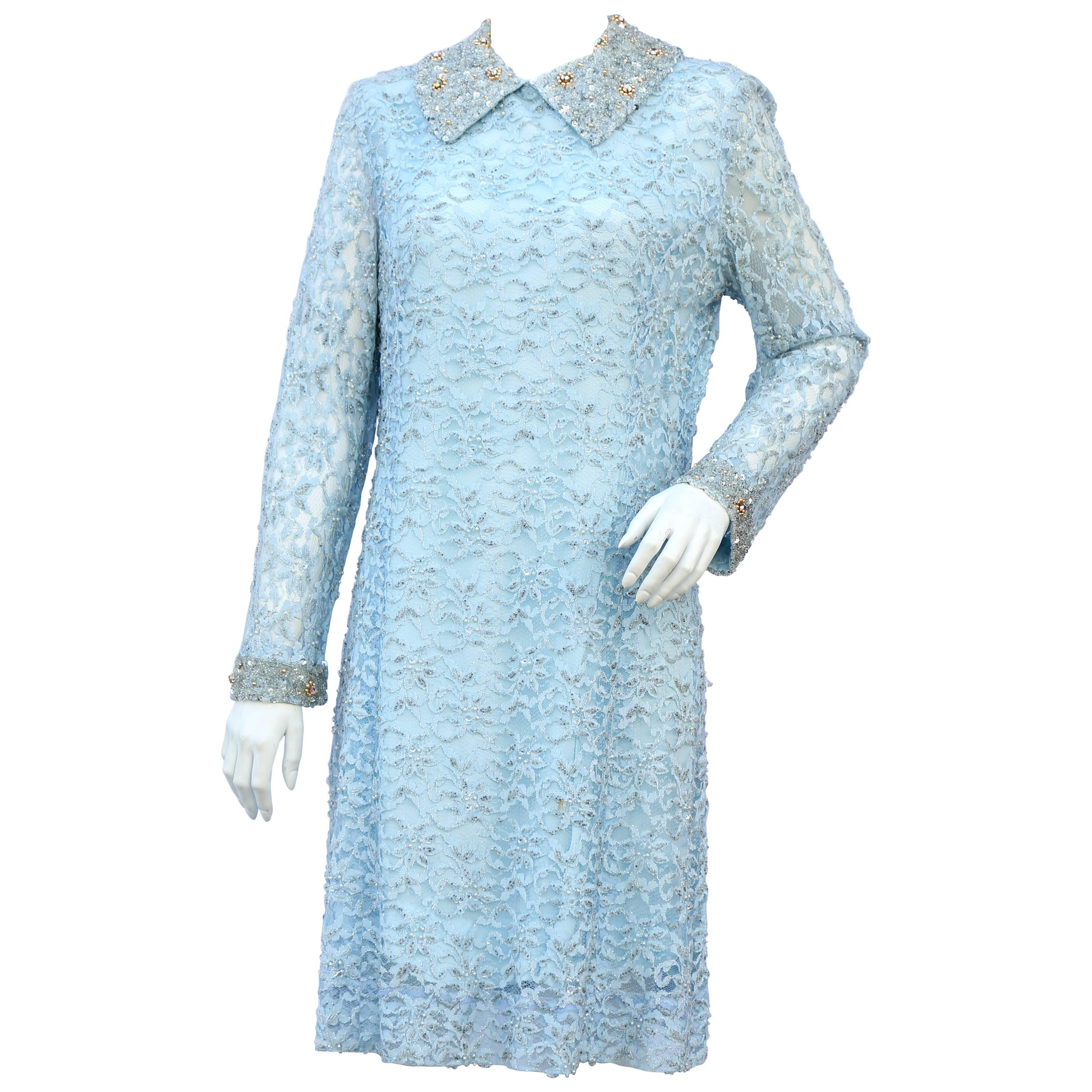 1960s baby blue lace and sequin beaded cocktail dress  For Sale
