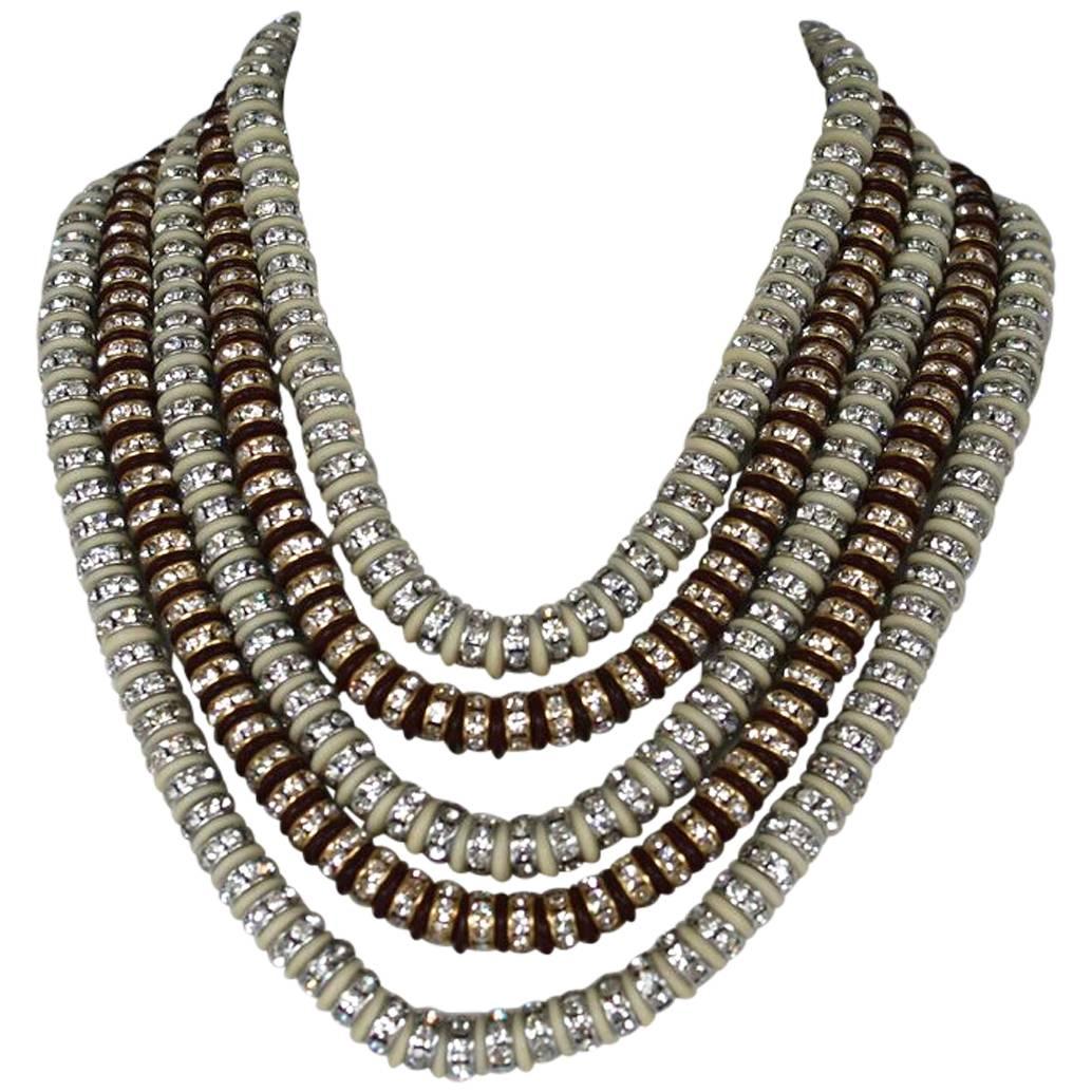 Francoise Montague Five Strand Brown & Ivory Swarovski Crystal Rondelle Necklace