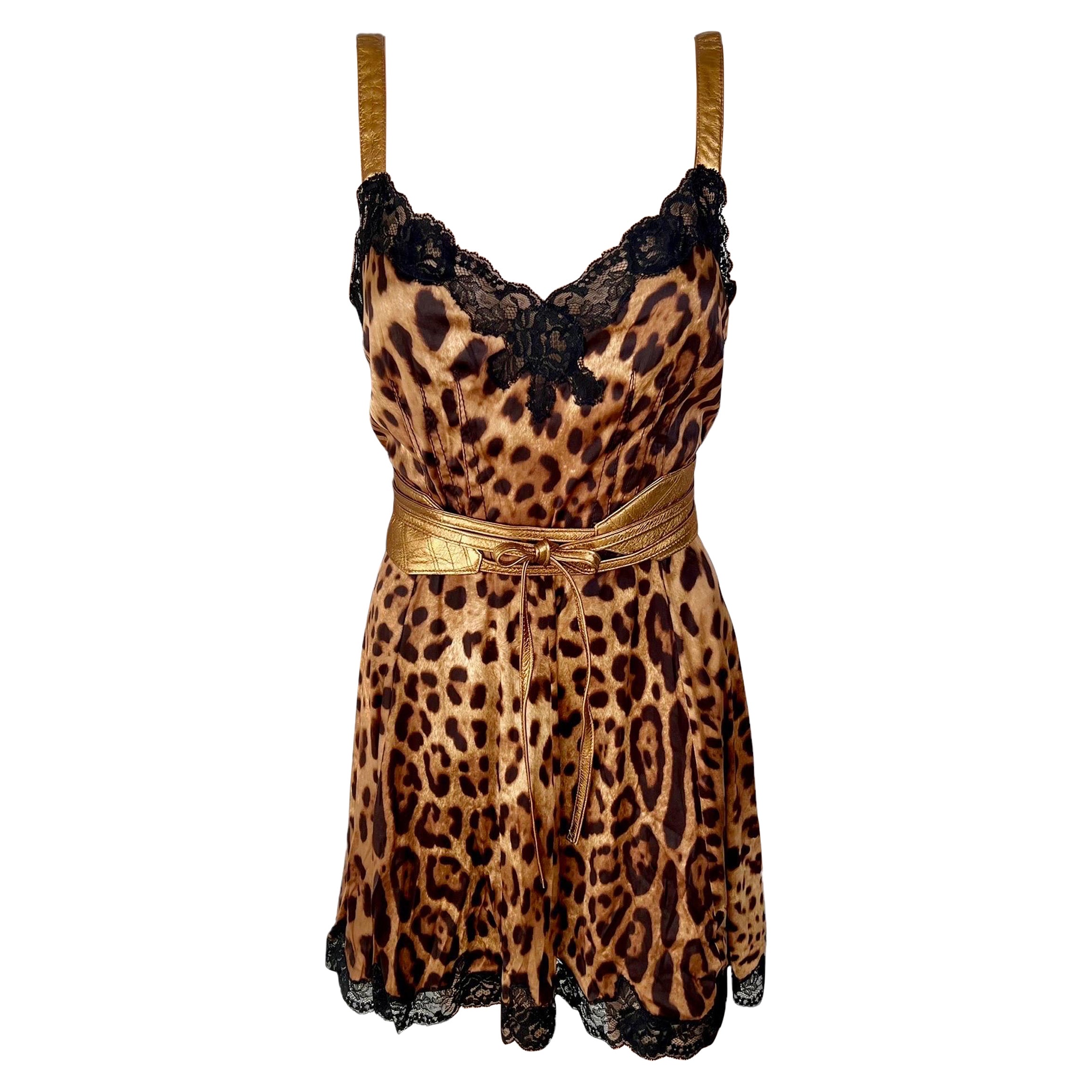 Dolce & Gabbana Unworn Lace Leopard Print Belted Silk Dress
