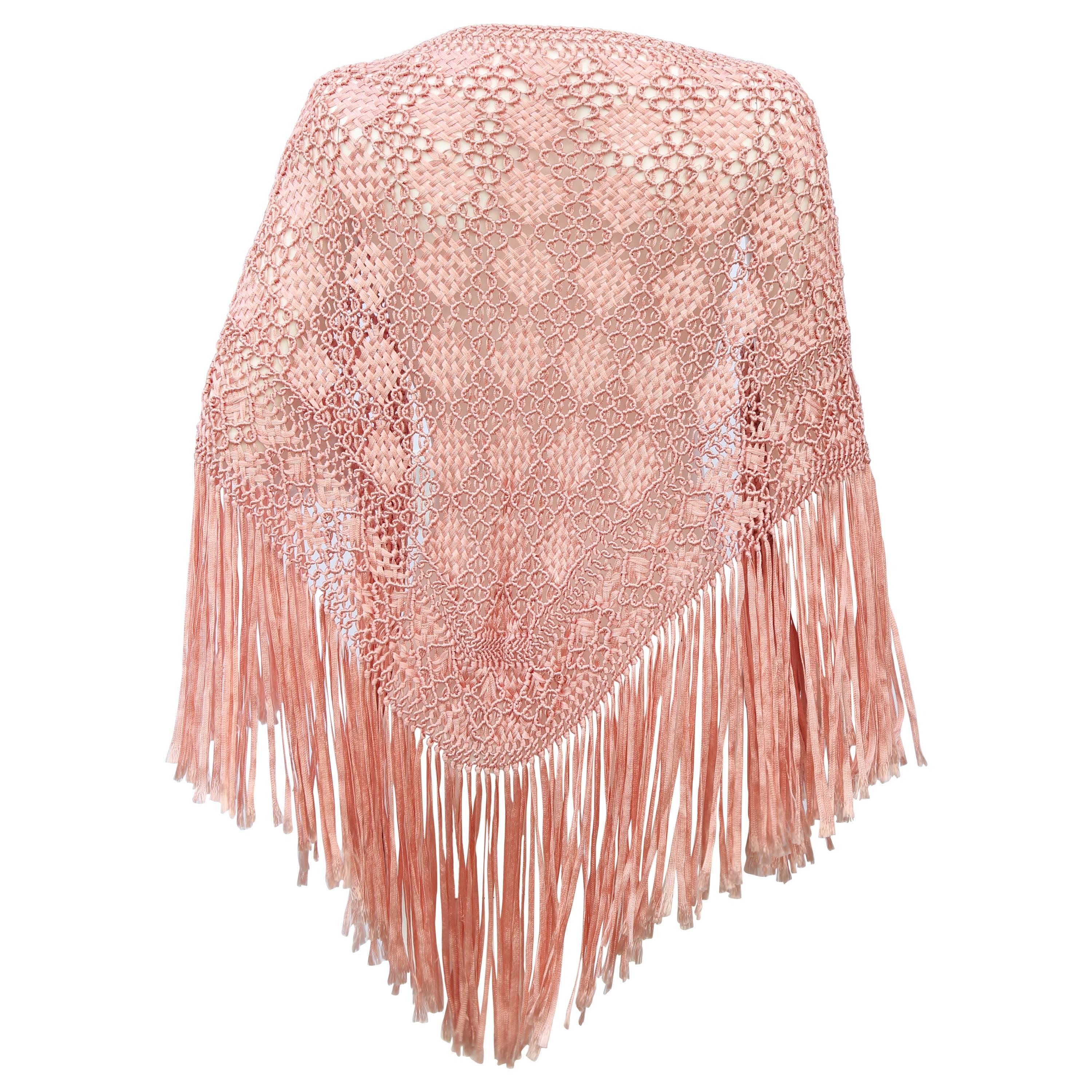 1920s pink crochet ribbon work shawl   For Sale