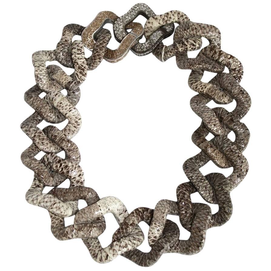 KMO Paris Embossed Leather and Crushed Silver Link Necklace