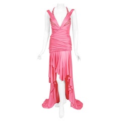 Vintage 2005 Versace Couture Runway Hot Pink Beaded Stretch Silk High-Low Gown