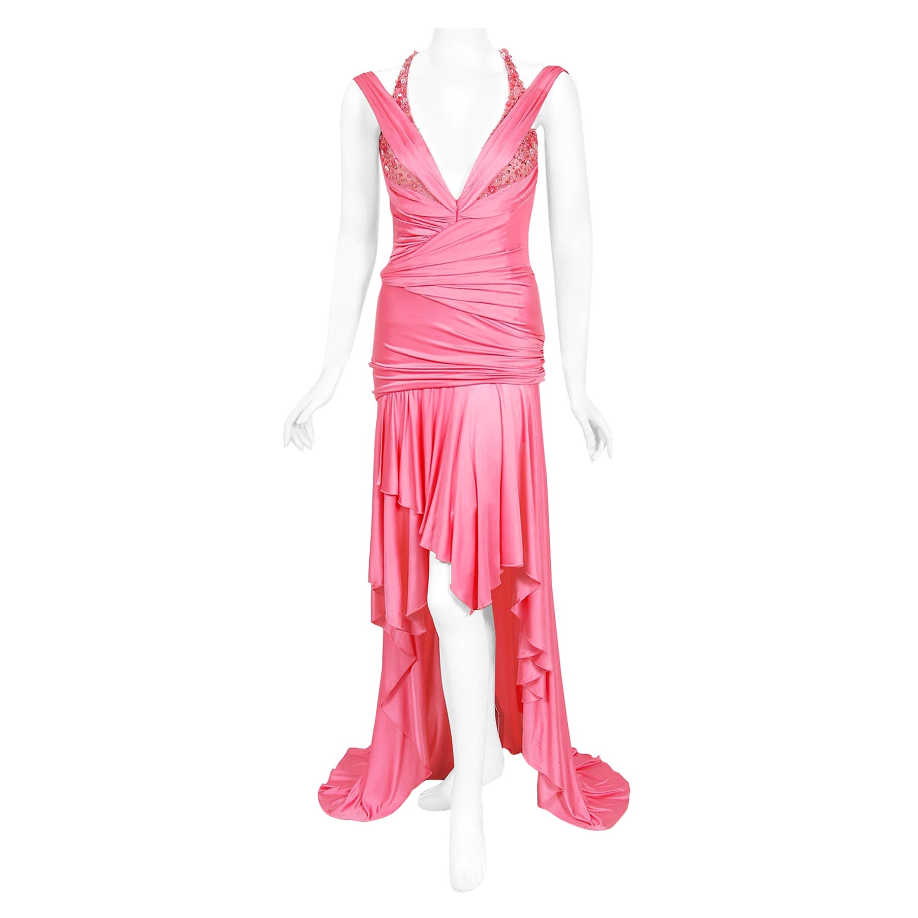 Vintage 2005 Versace Couture Runway Barbie Pink Beaded Stretch Silk Plunge Gown