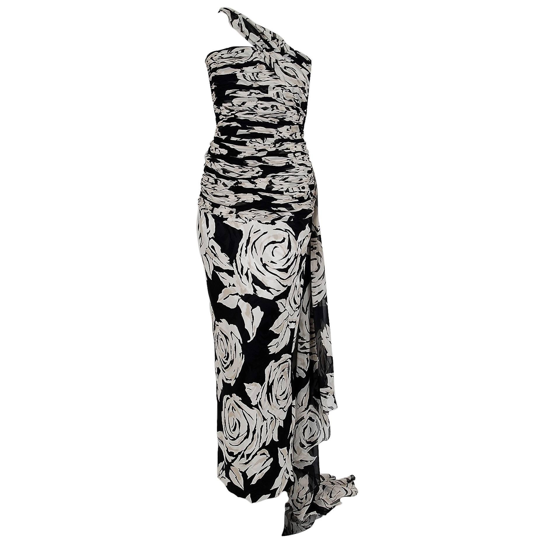 1979 Valentino Black & White Roses Floral Draped Silk One-Shoulder Trained Gown