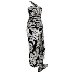 Vintage 1979 Valentino Black & White Roses Floral Draped Silk One-Shoulder Trained Gown