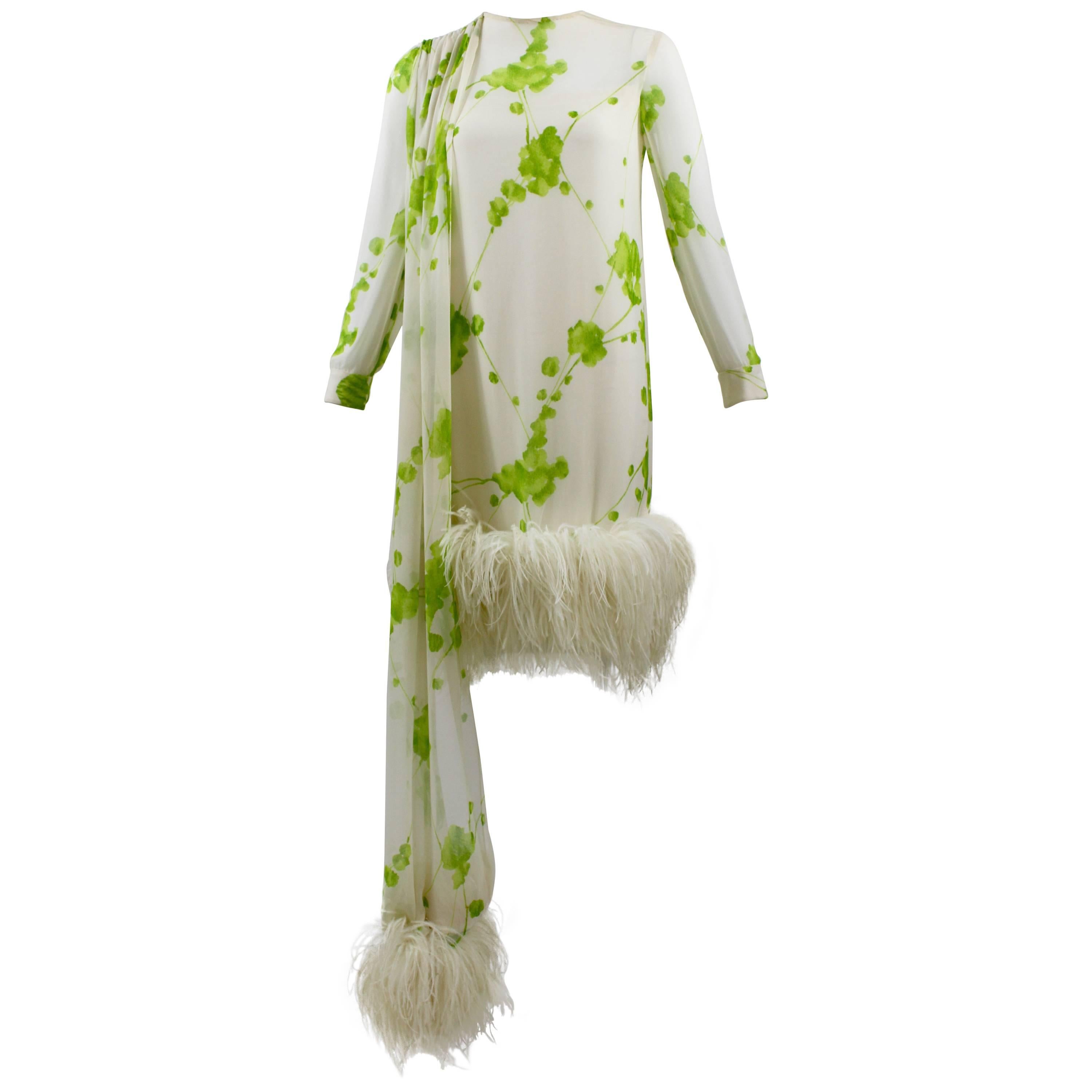 1960s Pierre Cardin Ivory and Green Silk Print Ostritch Feather Trim Dress For Sale