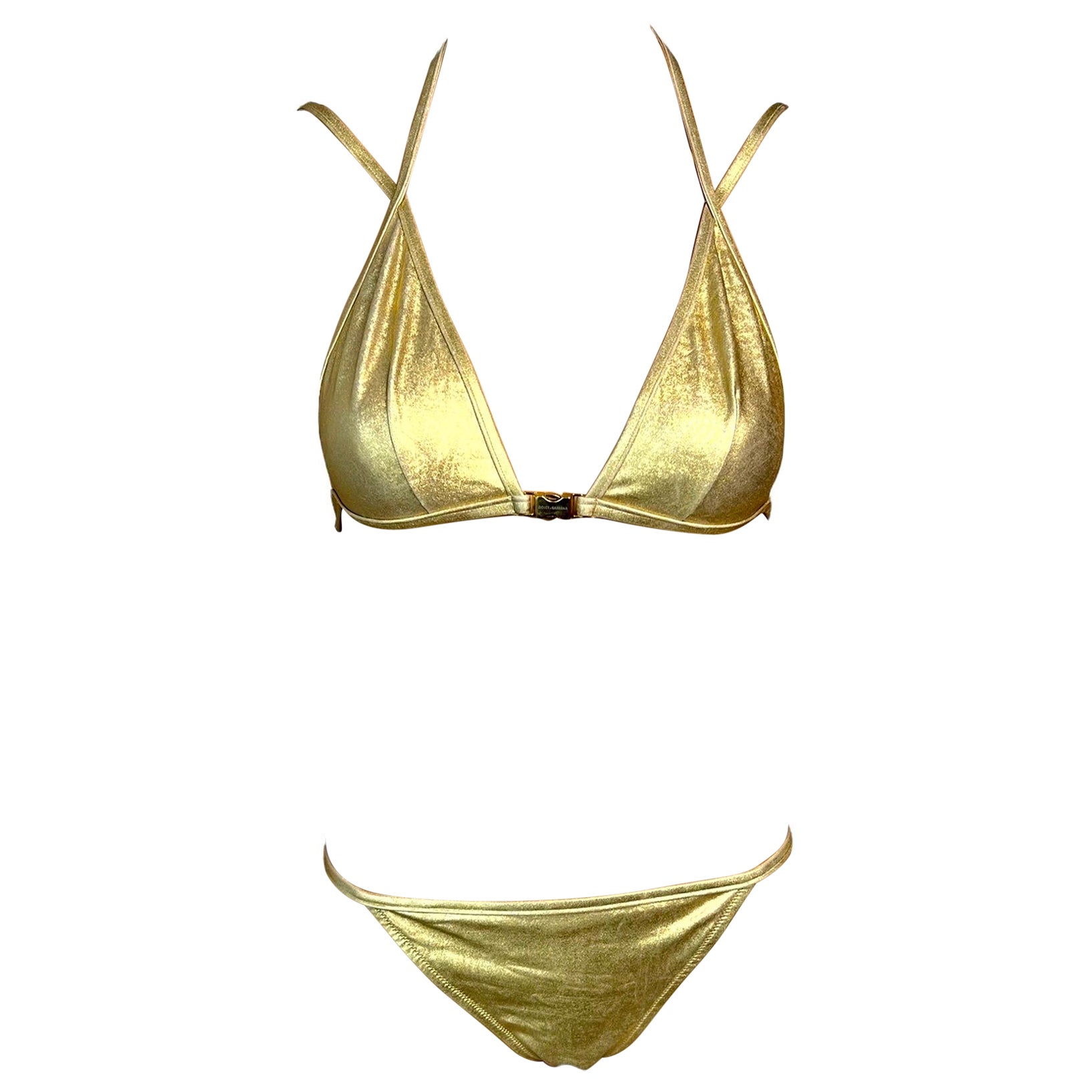 Dolce & Gabbana Vintage Gold Logo Wet Look Bikini Swimwear Swimsuit 2 Piece Set