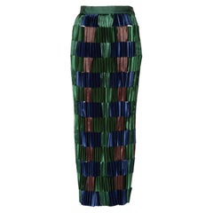 Retro Issey Miyake Green Blue Pleated Satin Ribbon Skirt, 1990s 