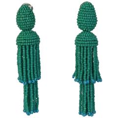 Oscar de la Renta Turquoise Two-Tiered Beaded Tassel Clip-On Earrings 3