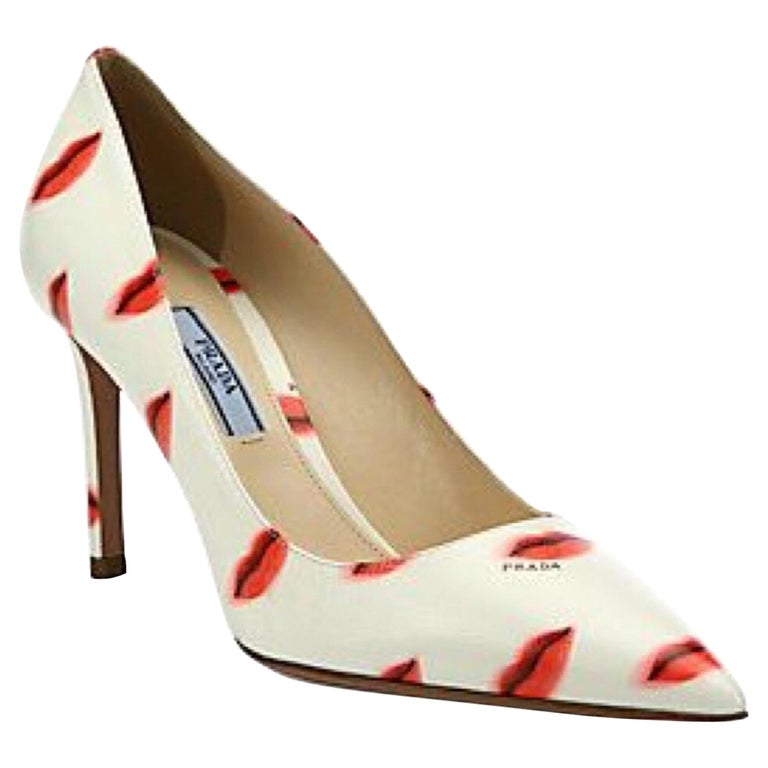 Prada Saffiano Leather Red Ivory Lip Point Toe Pumps Heels Shoes For Sale  at 1stDibs