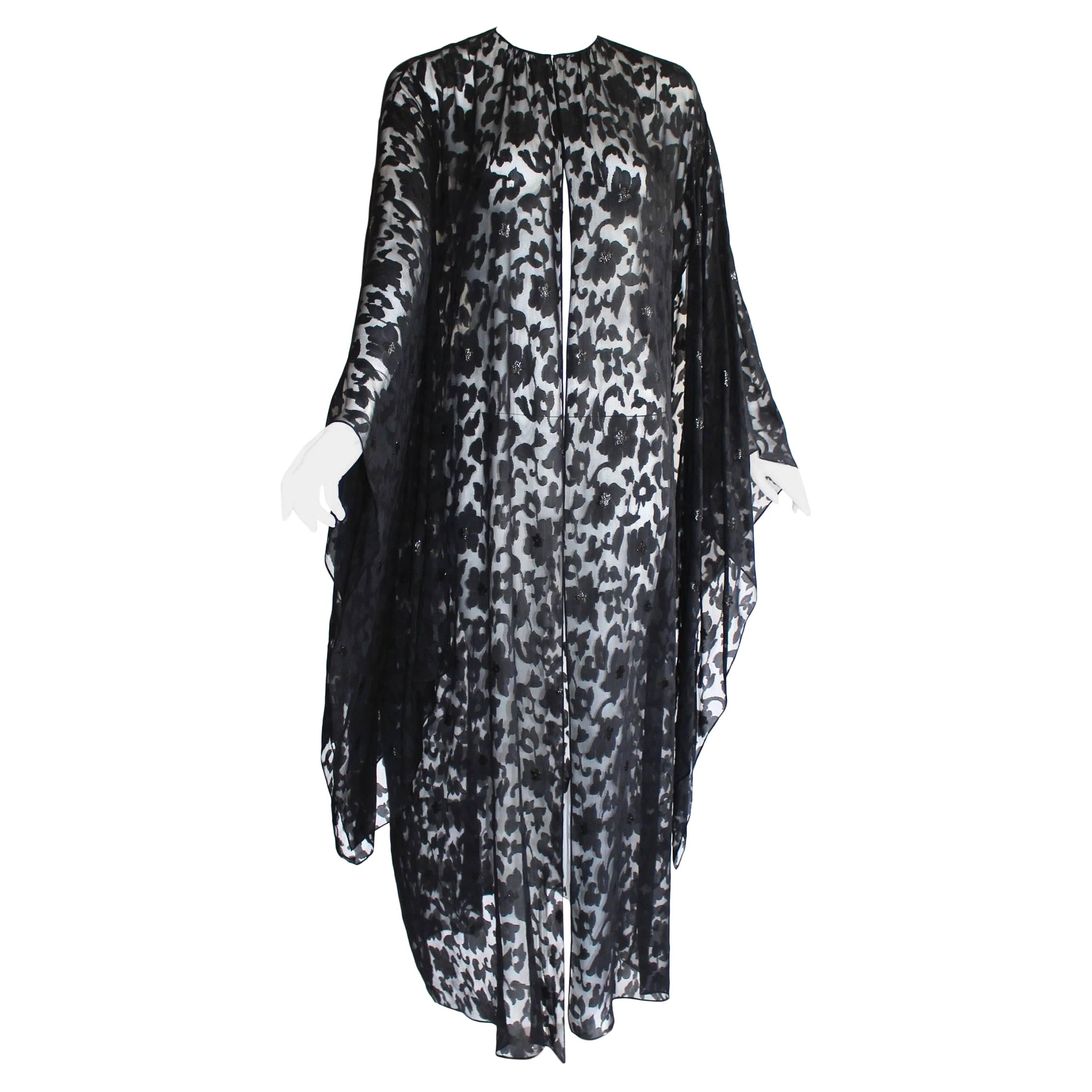 Nina Ricci Couture Black Floral Devoré  Silk Kimono Sleeve Caftan  Dress