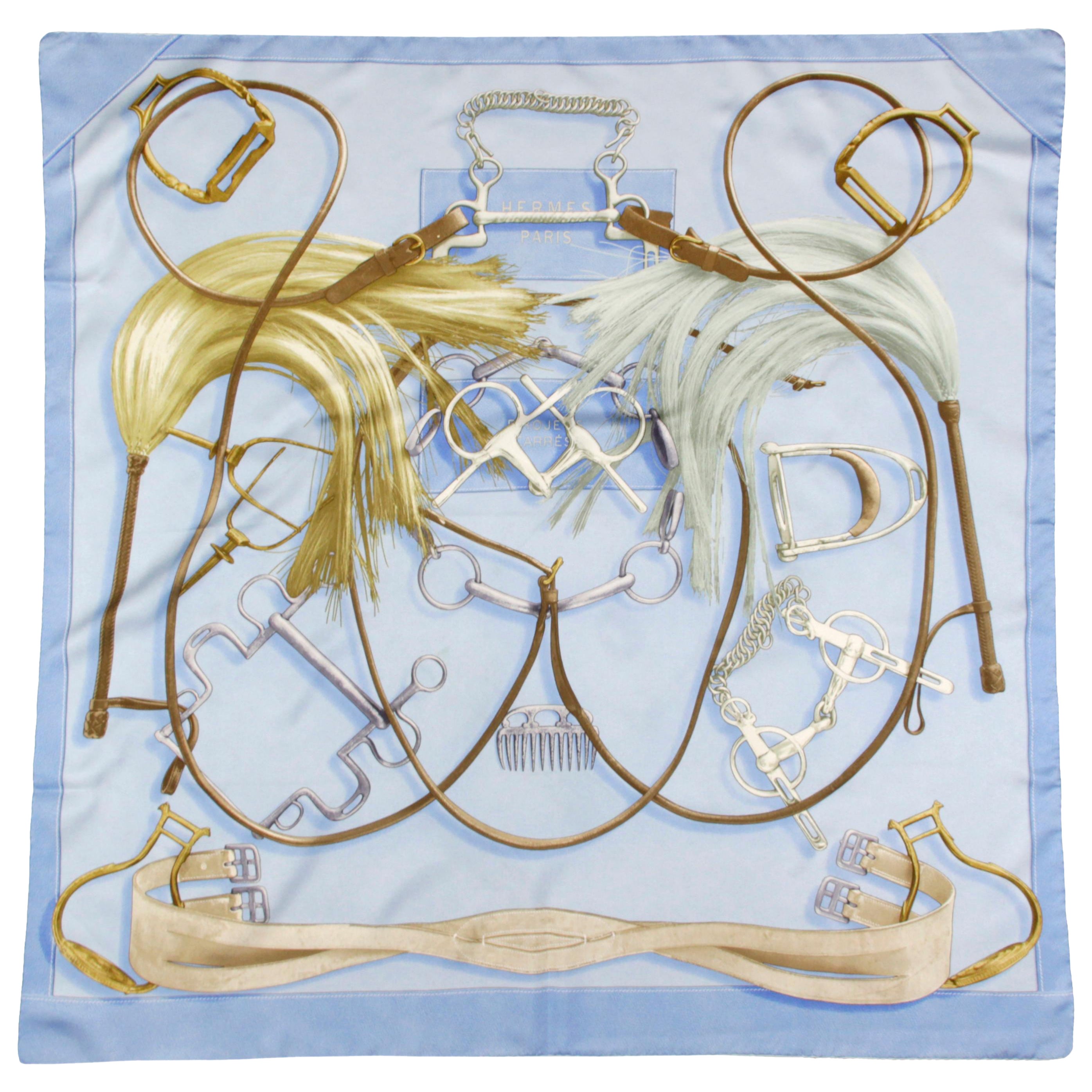 Hermes Blue Projets Carres 90cm Silk Scarf Designed by Henri d'Origny