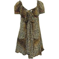D&G Silk Leopard Print Empire Waist Dress With Tie and Pouf Short Sleeves