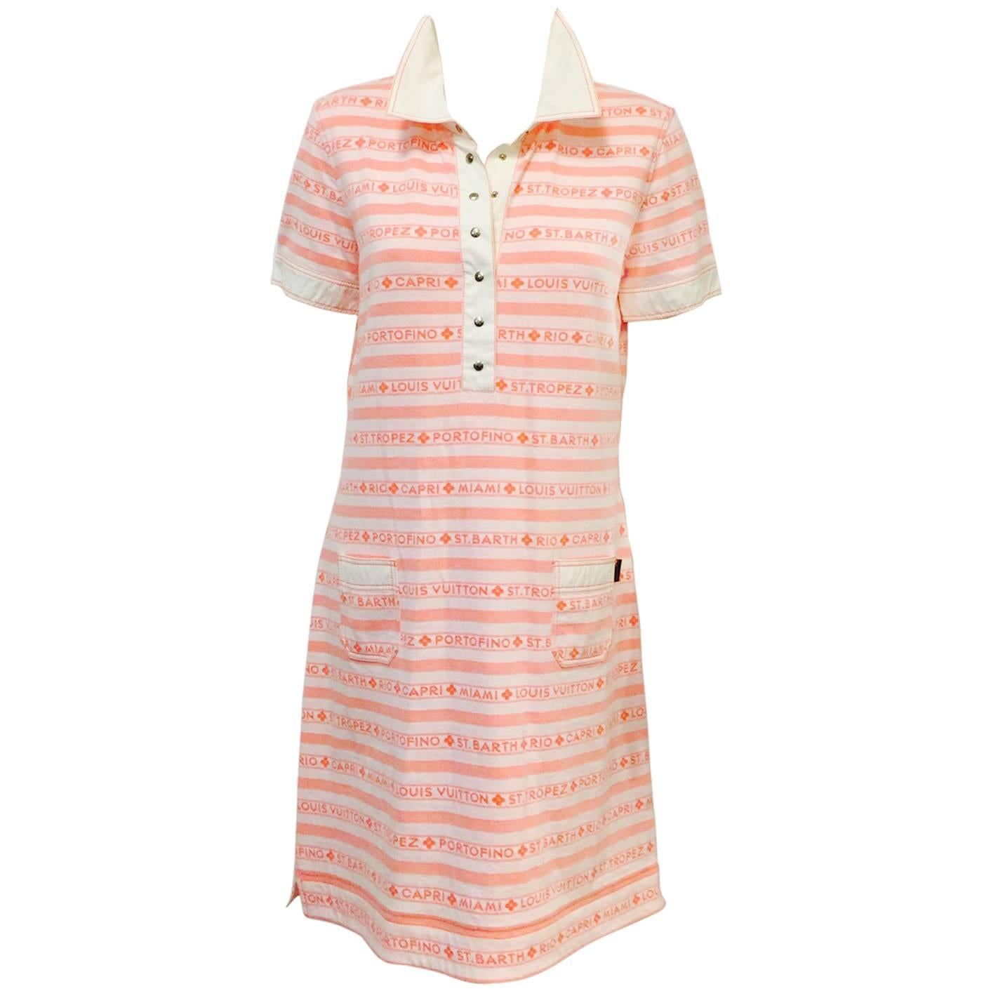 Louis Vuitton Short Sleeve Pink & White Cotton Resort and Riviera Shirt Dress