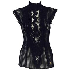 Roberto Cavalli Black Stretch Lace Cap Sleeve Top With Mock Turtle Neck