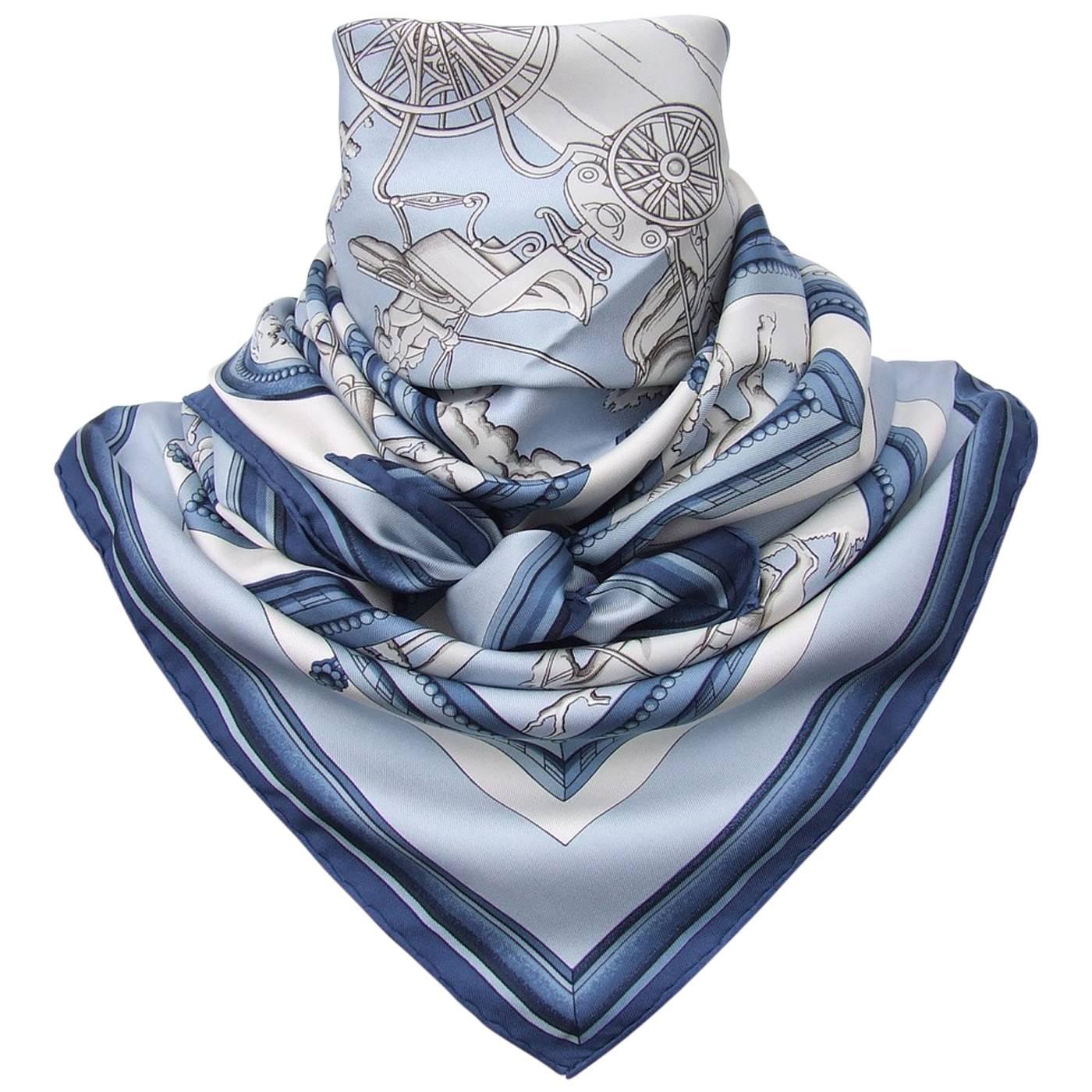 Hermes Vintage Silk Scarf WEDGWOOD by Ledoux Blue White 90 cm