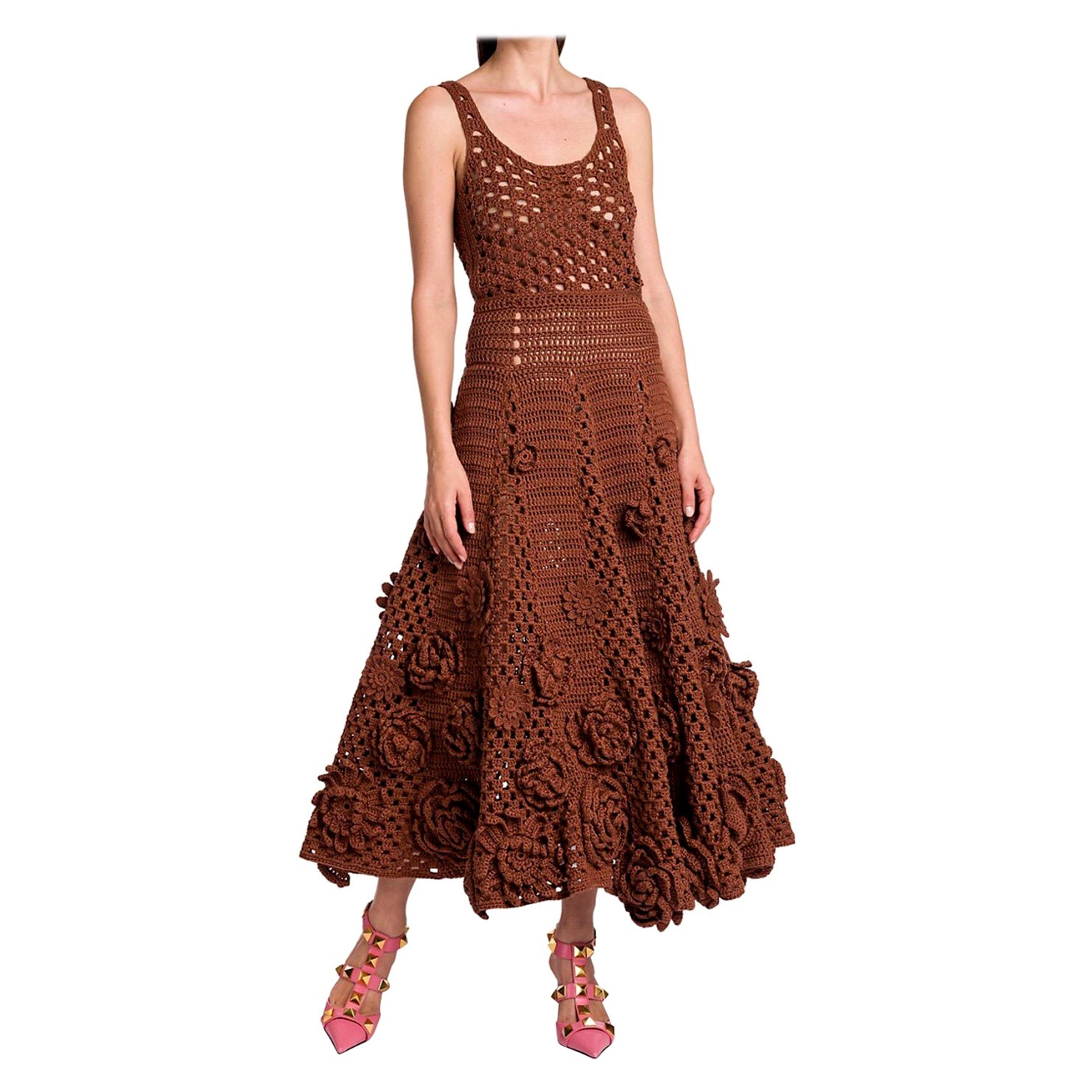 Valentino Spring/Summer 2021 Floral Open-Knit Cotton Midi Dress in Caramel For Sale