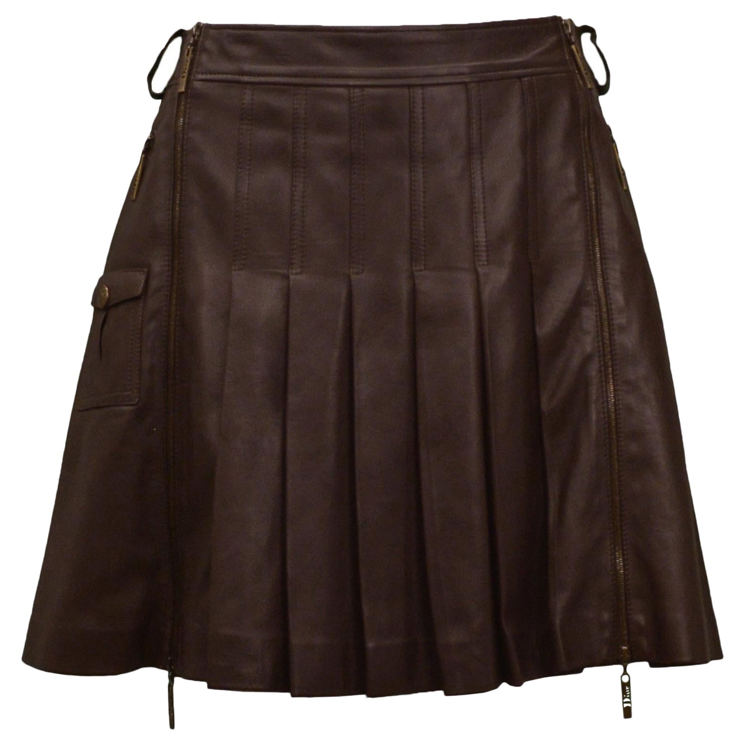 Dior Brown Leather Pleated Mini Skirt
