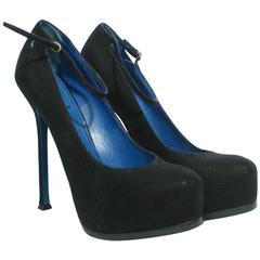 Used Yves Saint Laurent YSL Black Stiletto Suede Tribute Pumps 