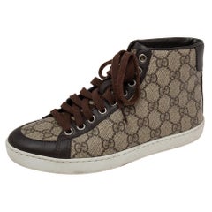 Gucci Brown/Beige GG Supreme Canvas and Leather Trim High-Top Sneakers Size 36