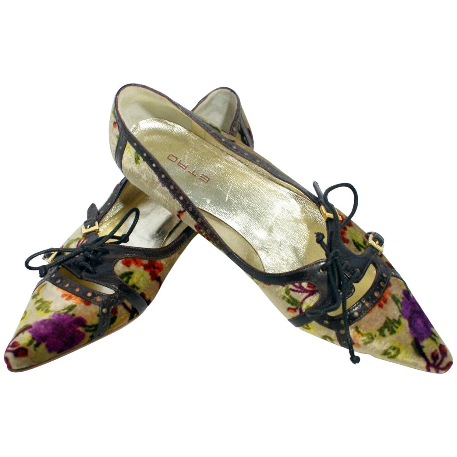 Etro Velvet Paisley Floral Design Kitten Heels