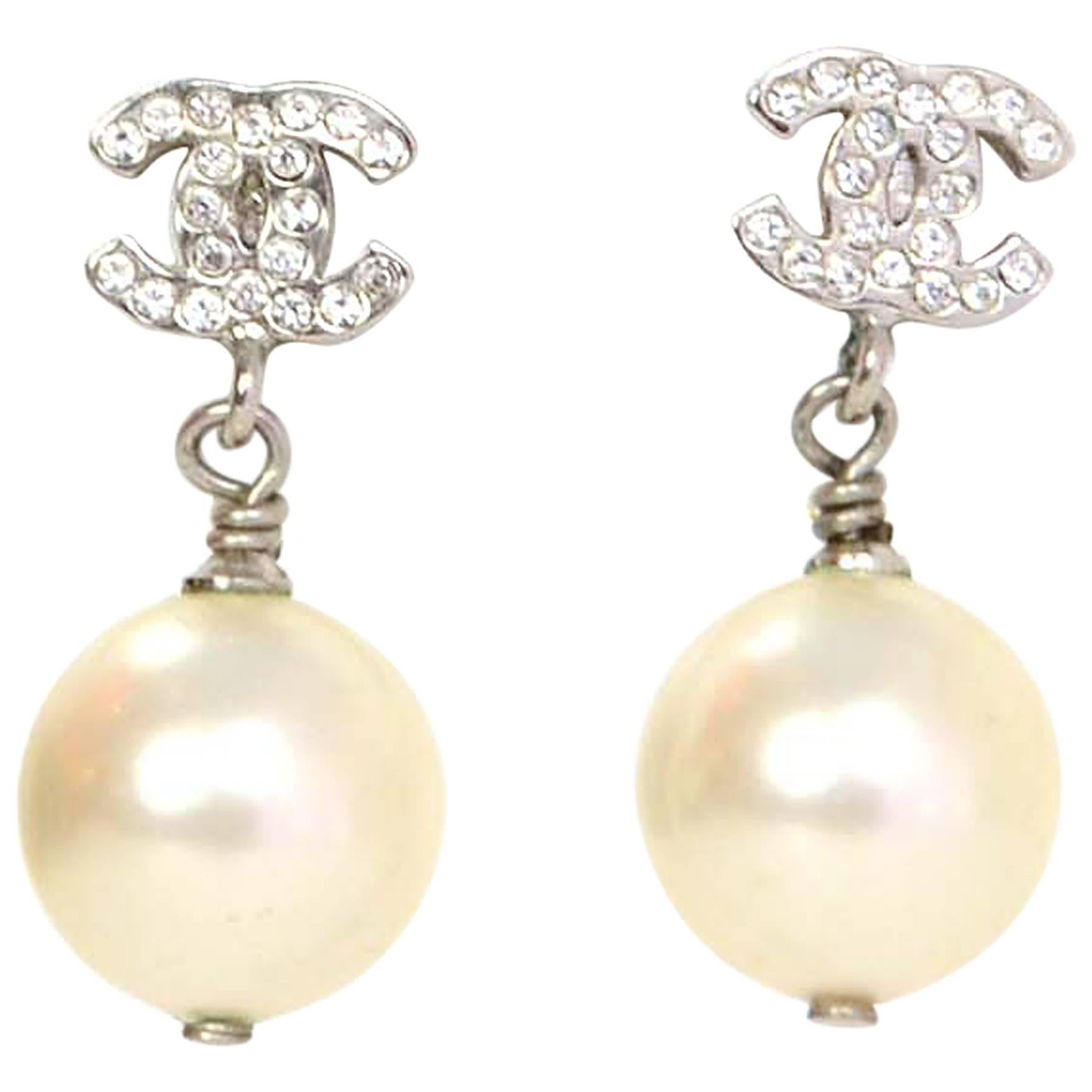 Chanel Crystal & Pearl CC Drop Earrings